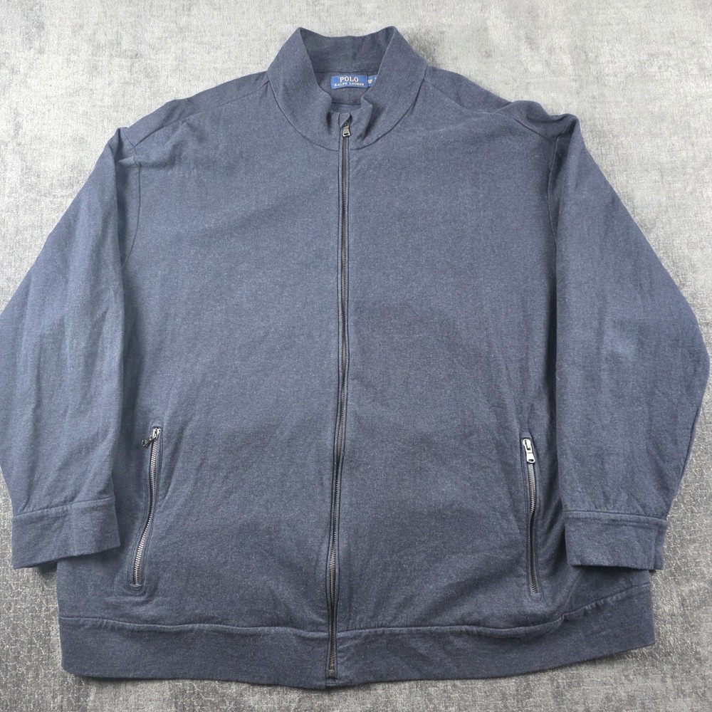 Polo Ralph Lauren Full Zip Mock Neck Sweater Mens 3XB Big Navy Blue Herringbone